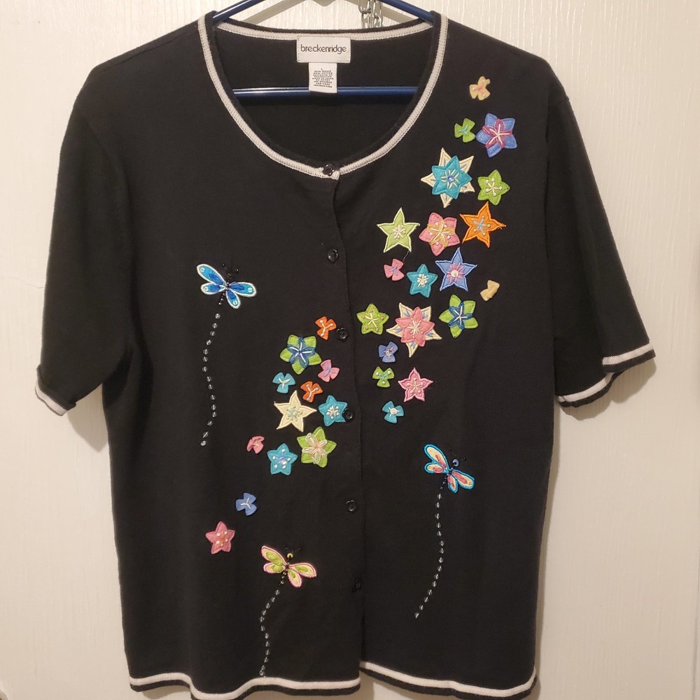 Breckenridge Black Floral Dragonfly Embroidered Beaded Cardigan Sweater Large
